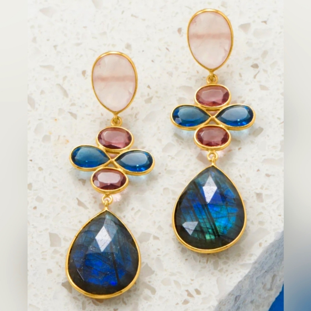 LABRADORITE ROSE QUARTZ GLASS DROP EARRINGS